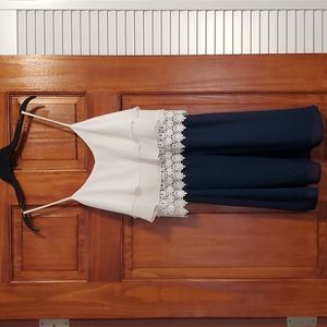 Navy and White Dress with Crochet Detailing and Ruffles